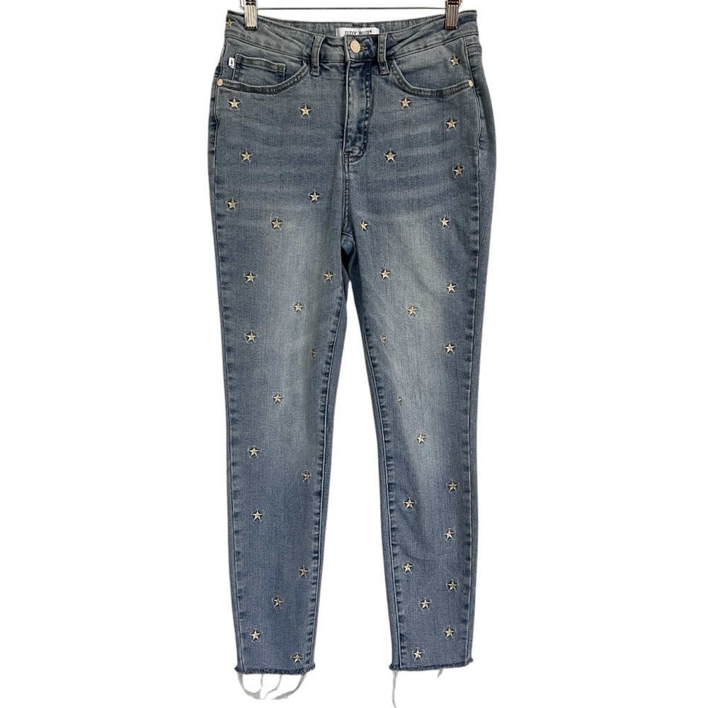 Judy Blue Sz7/28 Skinny Fit Embroidered Stars Light Blue Jeans Raw Hem JB88265